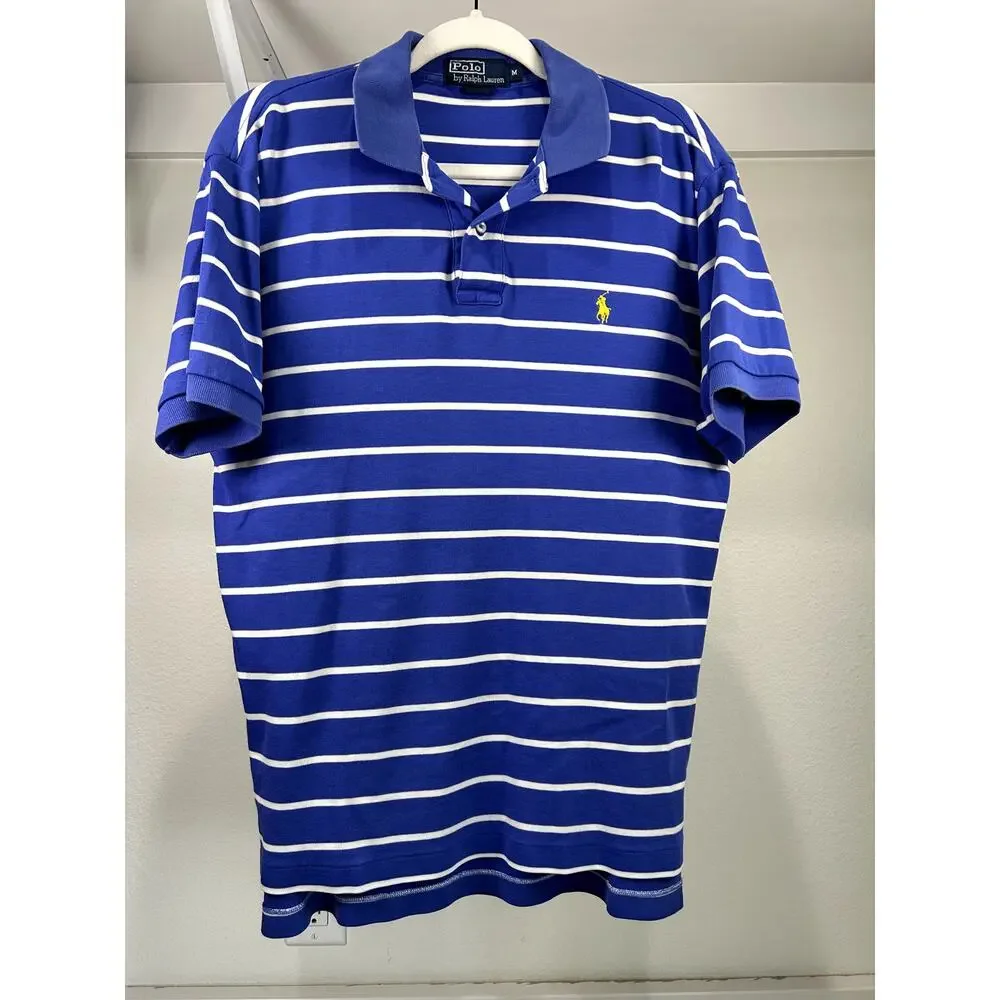 Polo Ralph Lauren 100% Cotton Men's Short Sleeve Polo Shirt Blue Stripes Size M‎